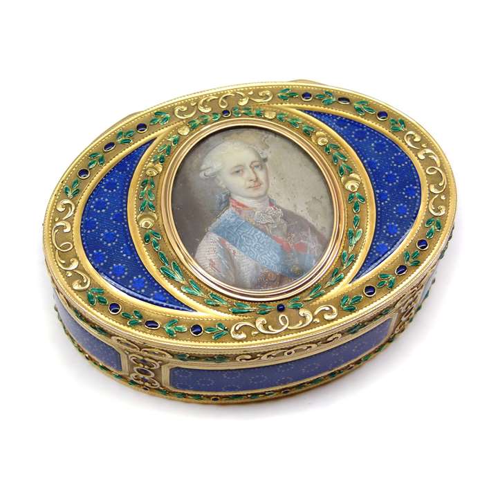 Louis XVI oval enamel and gold box with portrait miniature